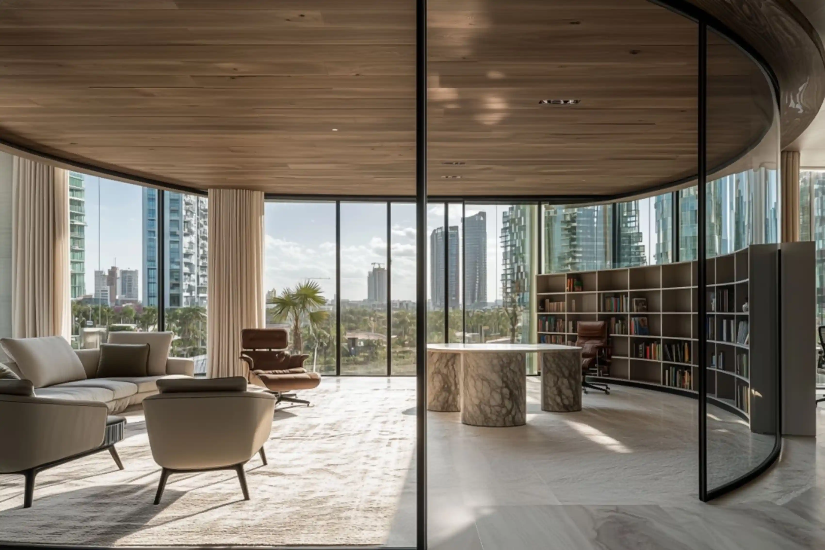 Claure Corporate Project - Executive lounge with curved glass wall and modern designer furniture - Ai Spaces(0).webp